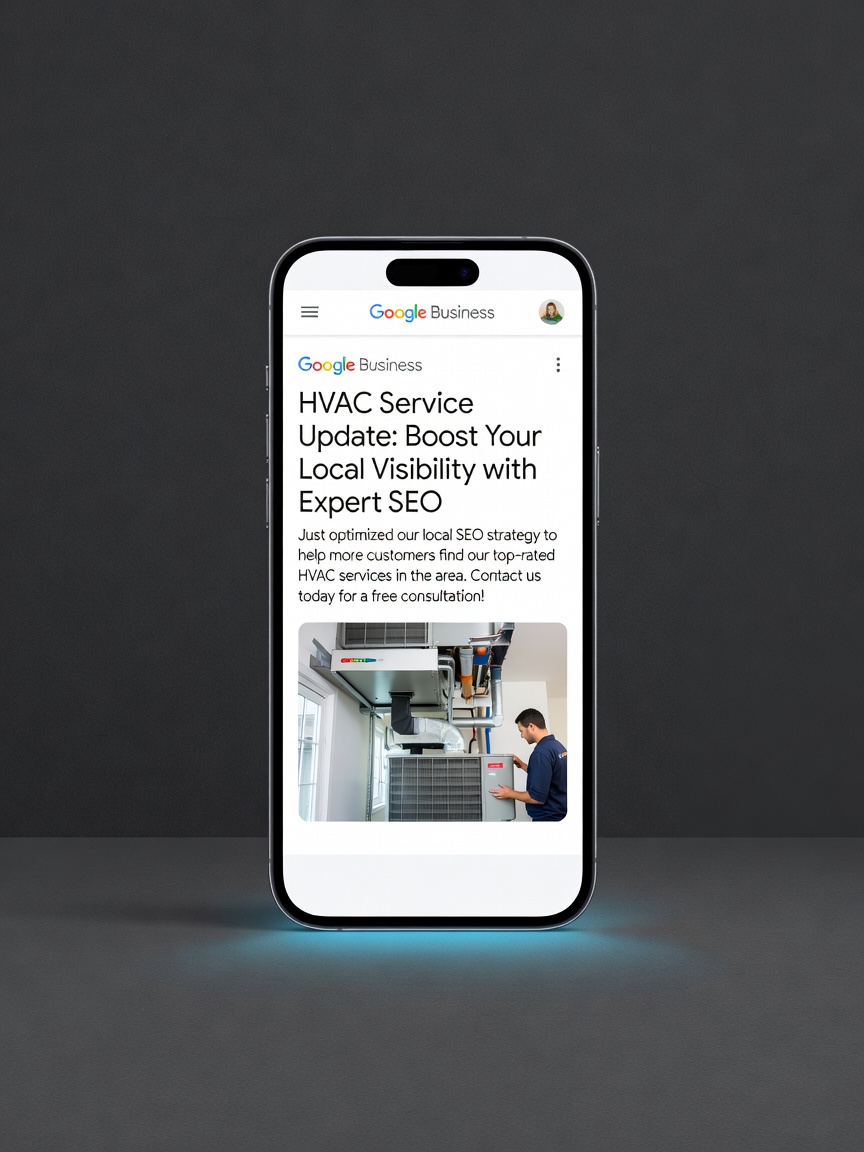 Phone mockup showing a live Google Business Profile post