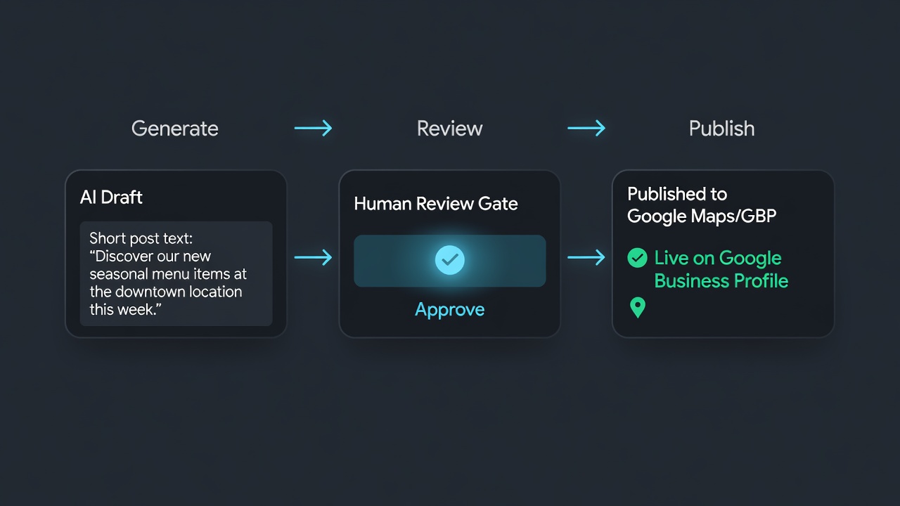 Drop photos to draft to human review to Google Business and Facebook publish workflow